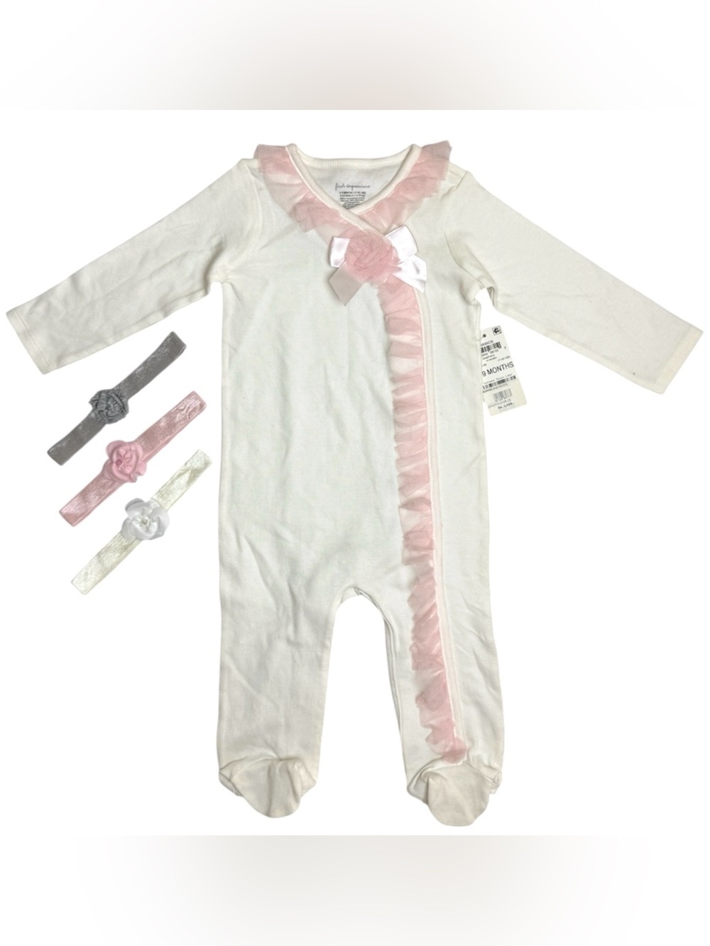 NWT First Impressions Tulle Bow Cotton Romper & Headbands White 6-9 Mon